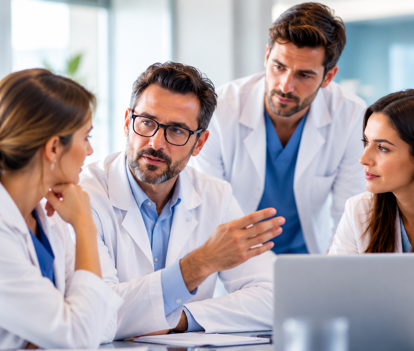 Equipe médica trocando conhecimentos durante uma discussão clínica